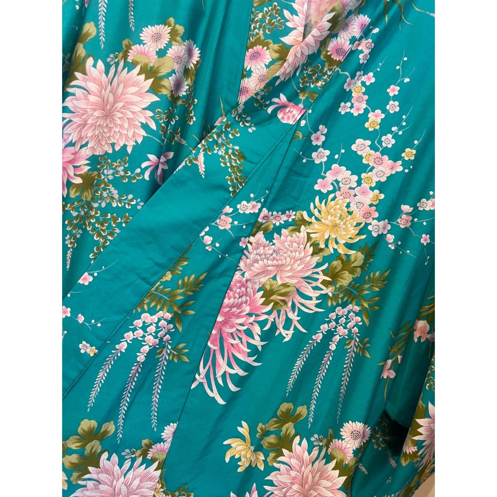 Vintage Japanese Cotton Kimono Robe Teal Pink Floral Chrysanthemum Yukata Japan - Picture 5 of 9
